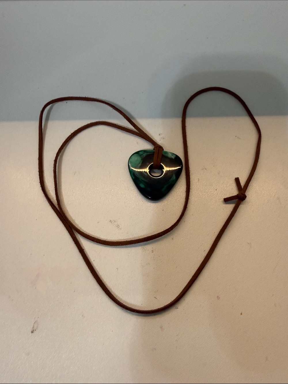 Handcrafted Green Heart Pendant Necklace on Brown Suede Cord